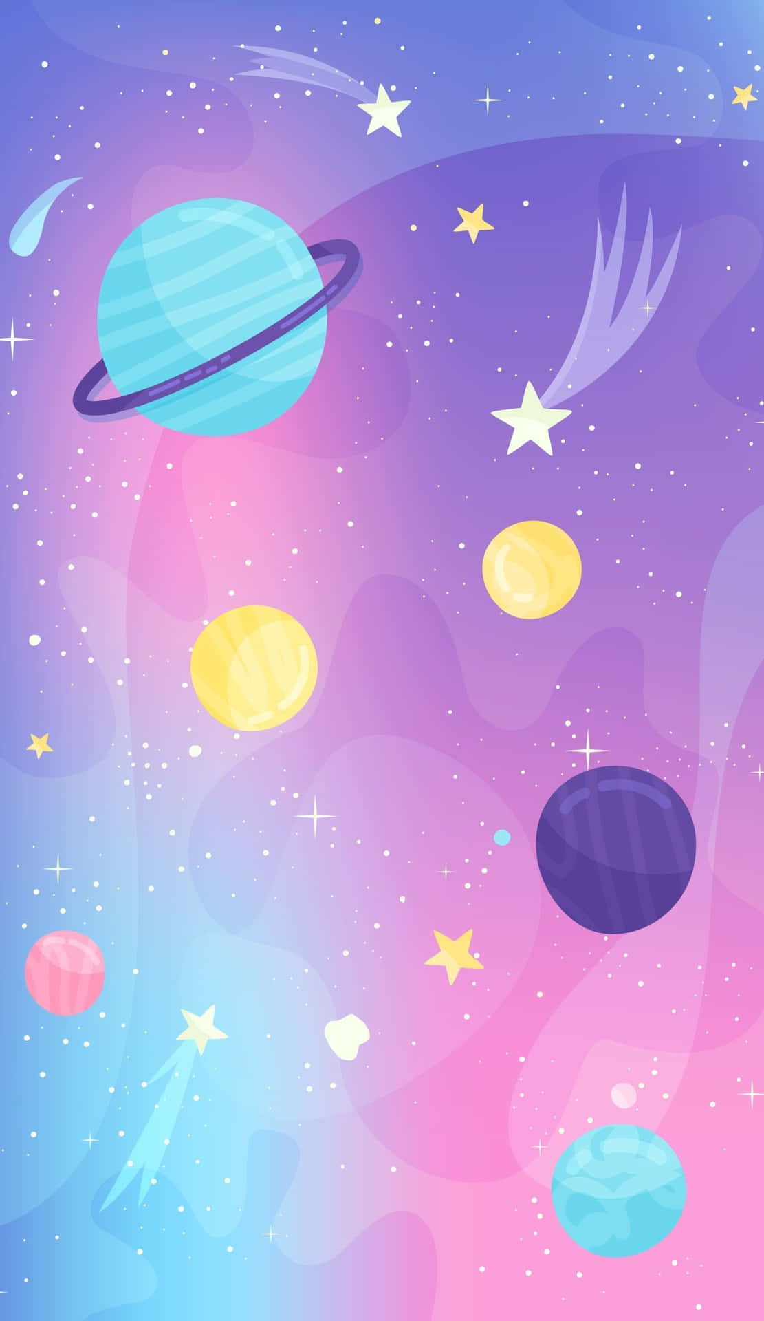  壁紙 — 一個充滿活力的卡通星系，帶有粉彩行星、星星和流星，漂浮在夢幻的宇宙背景中。