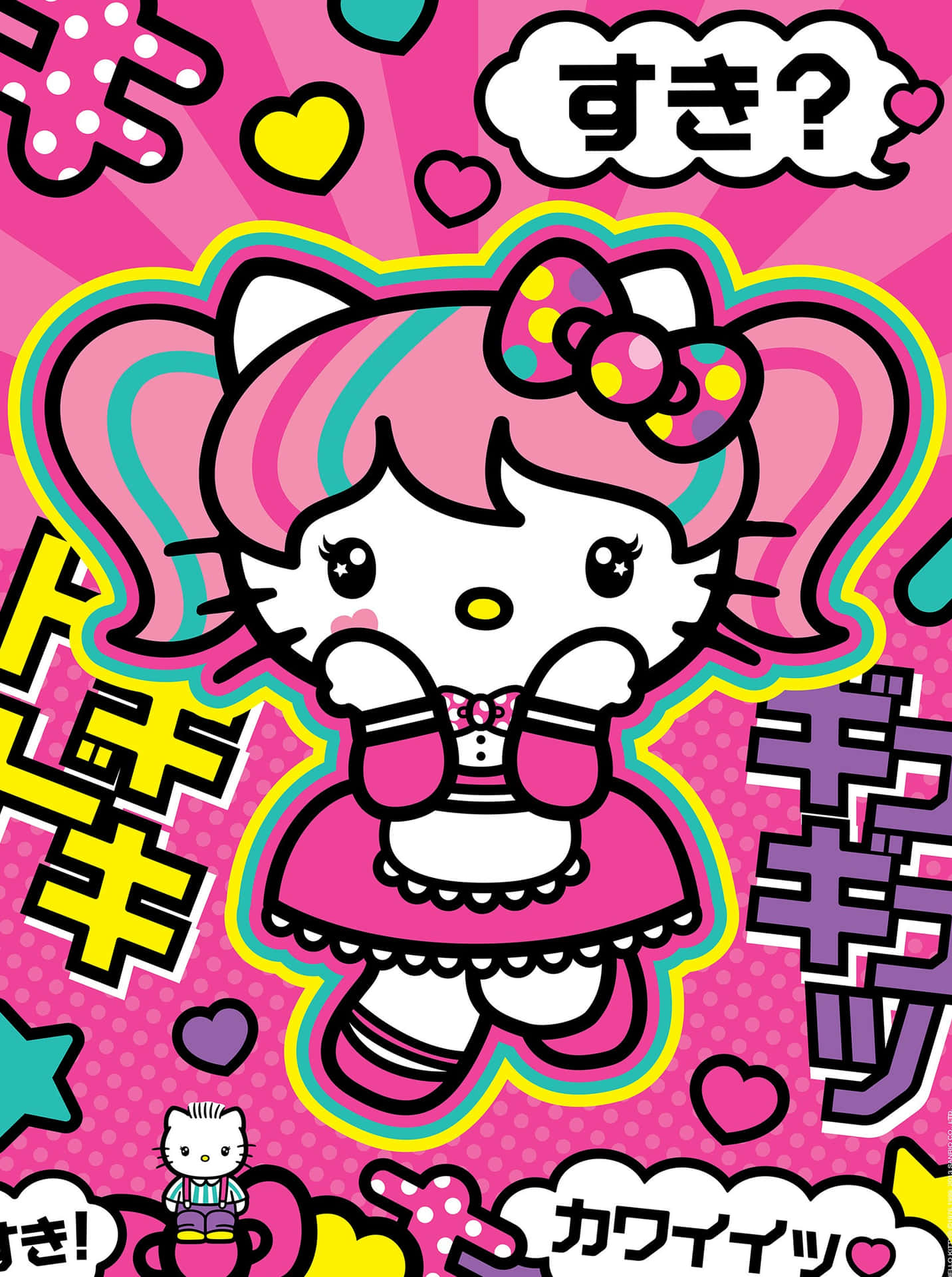  壁紙 — 一個充滿活力的卡通Hello Kitty，粉紅色和藍綠色的頭髮紮成雙馬尾，穿著粉紅色連衣裙，周圍環繞著心形和日文字，背景為粉紅色。