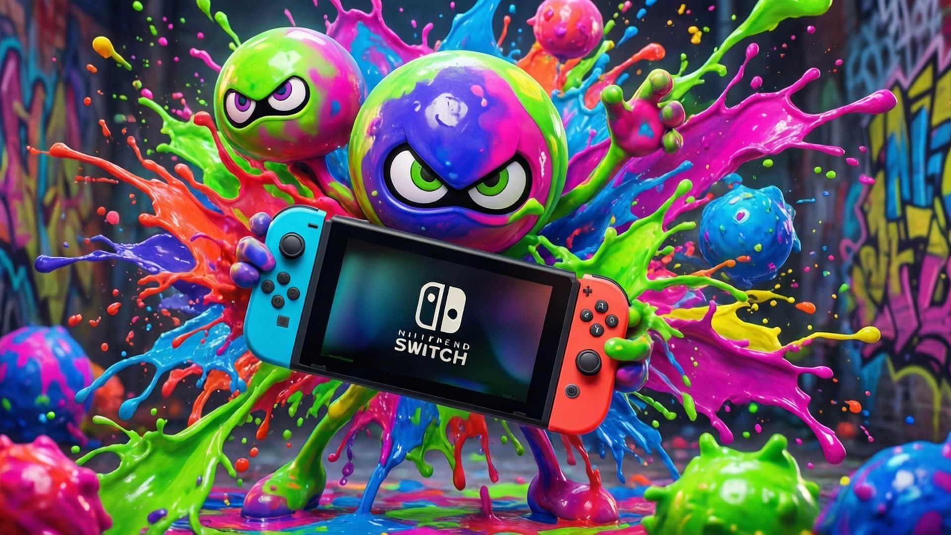 Splatoon Ink Battle 壁紙 — 充滿活力的卡通墨水飛濺角色從Nintendo Switch主機中迸發出來，周圍是色彩繽紛的油漆飛濺。