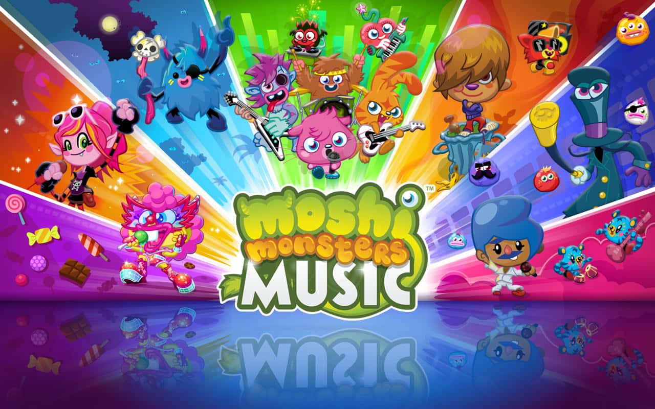  壁紙 — 色彩繽紛的卡通怪物在彩虹漸變背景上演奏樂器，配有糖果道具和反光地板。
