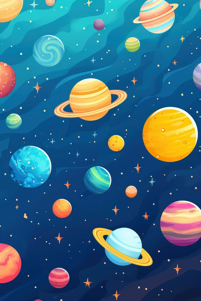  壁紙 — 充滿活力的卡通行星和星星漂浮在旋轉的藍綠色宇宙背景中。