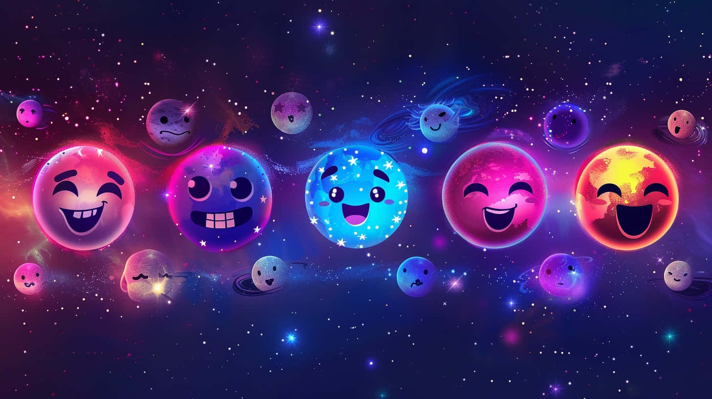  壁紙 — 充滿活力的卡通行星帶有表情豐富的表情符號面孔，在繁星點點的宇宙夜空中快樂地漂浮。