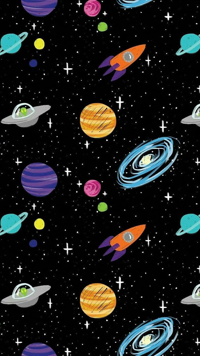  壁紙 — 充滿活力的卡通火箭和色彩繽紛的行星漂浮在星光閃爍的黑色太空背景上。