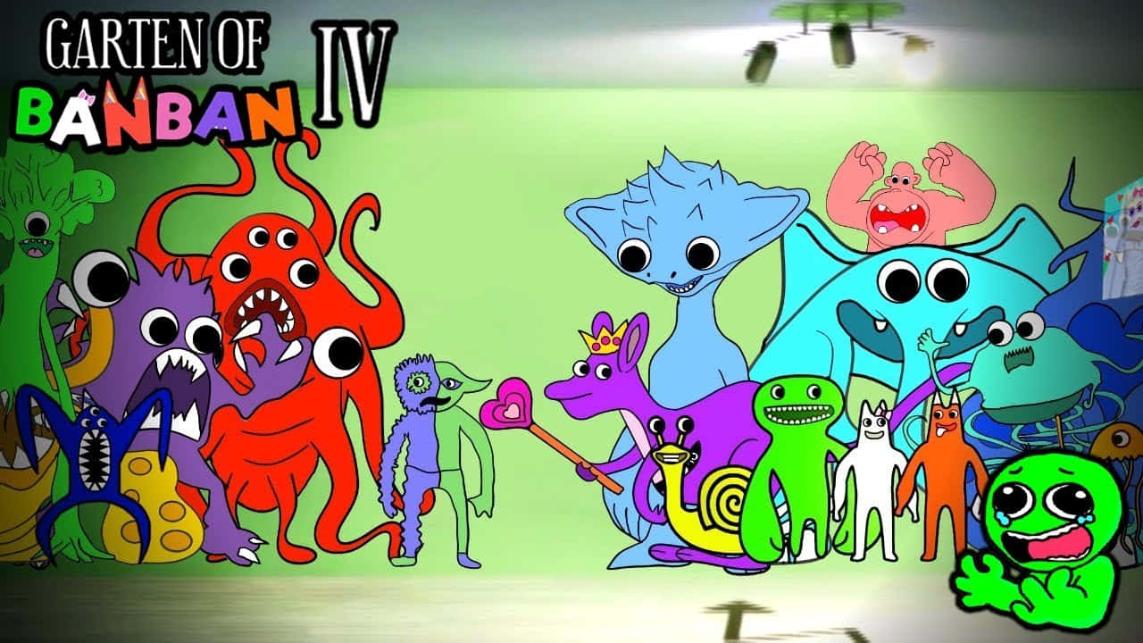  壁紙 — 一個充滿活力的卡通場景，色彩繽紛、古怪的怪物角色聚集在一個有綠色牆壁和天花板燈的房間裡。
