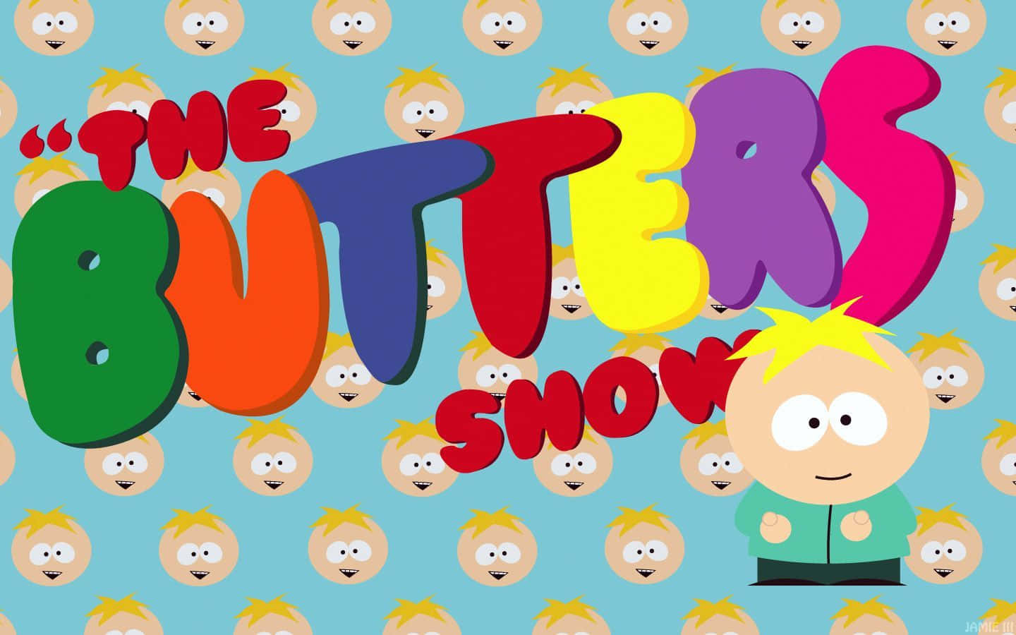  壁紙 — 充滿活力的卡通標題「The Butters Show」，以粗體3D字體呈現，並在淺藍色背景上重複出現Butters的臉部圖案。