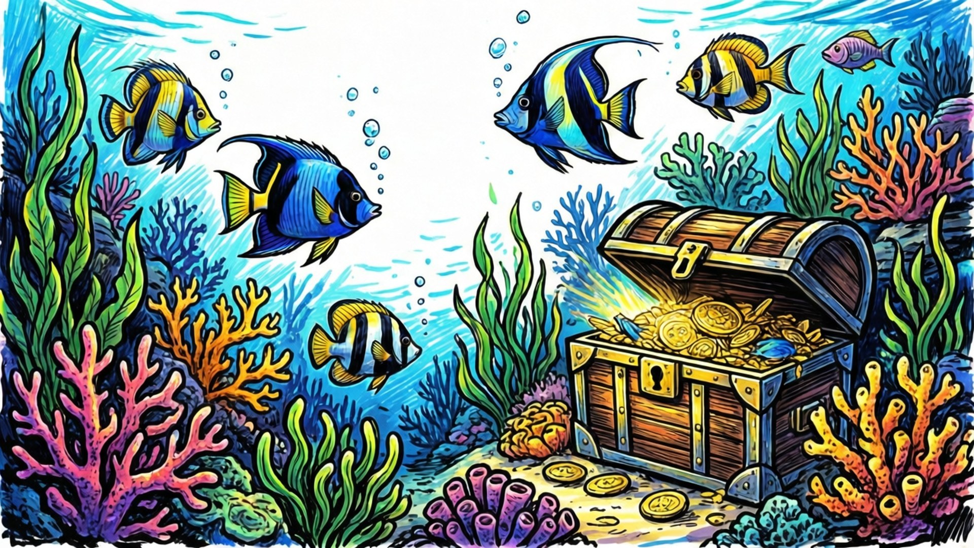 Ocean Doodle Adventure 壁紙 — 一個充滿活力的卡通水下場景，色彩繽紛的魚兒圍繞著一個裝滿金幣的寶箱游動。