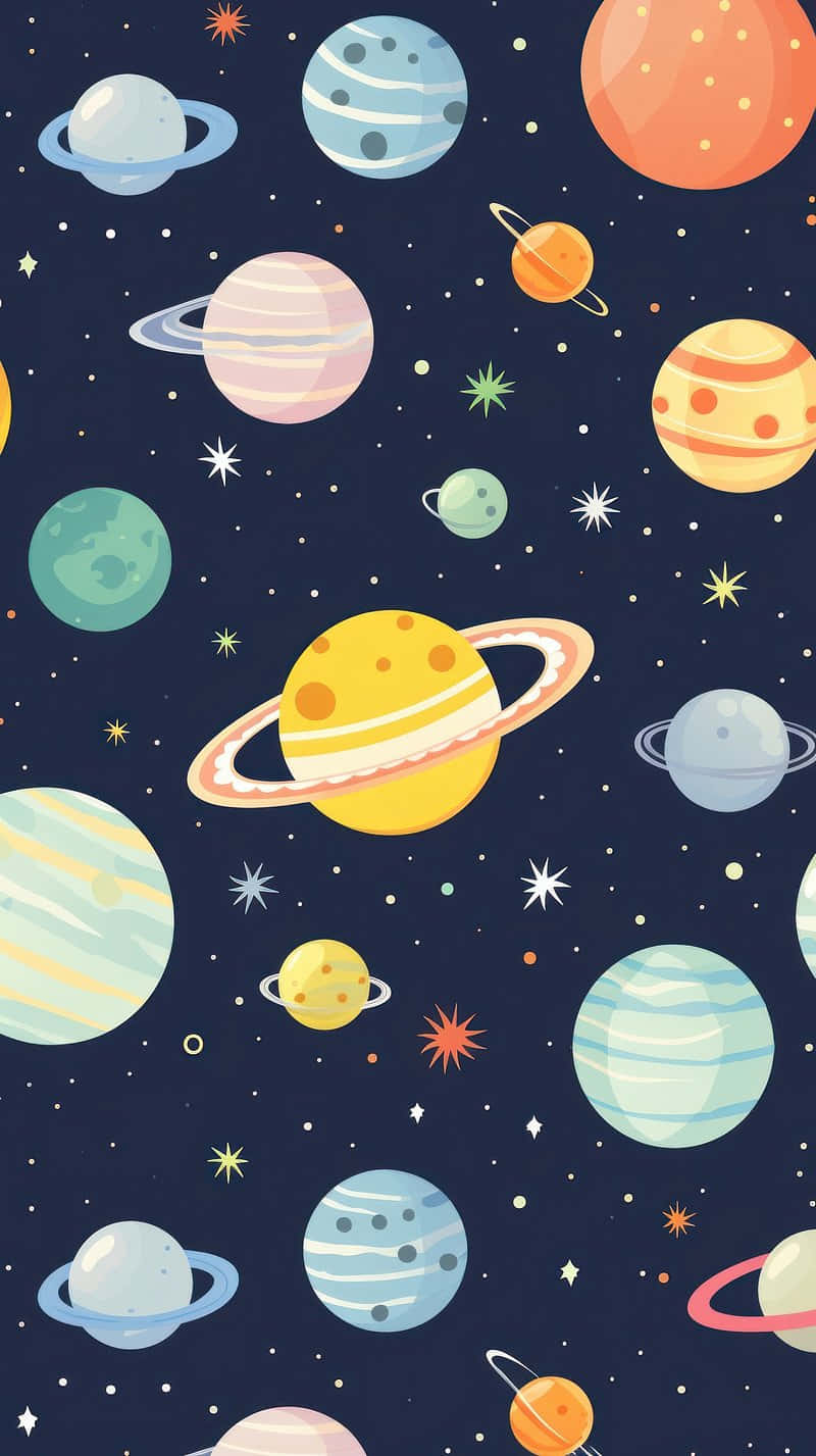  壁紙 — 充滿活力的卡通風格壁紙，色彩繽紛的行星帶有光環，閃爍的星星散落在深藍色的宇宙背景上。