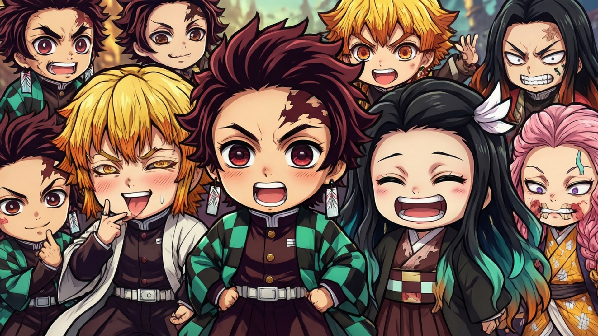 Squad Goals 壁紙 — 一個充滿活力的Q版動漫團體，由九個角色組成，表情豐富，髮色多樣，如粉紅、黑色和金色，一起擺姿勢。