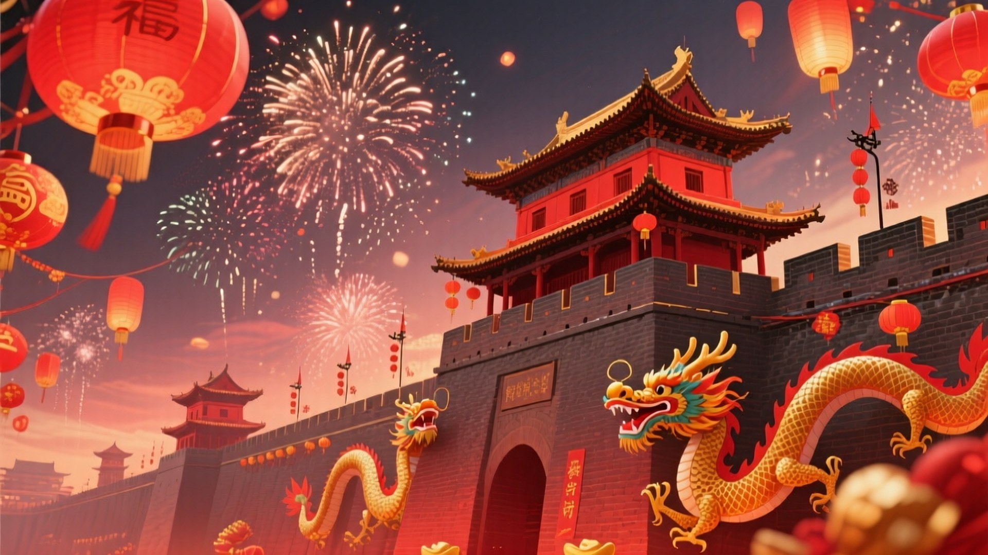 New Year on the Wall 壁紙 — 充滿活力的中國節日場景，有金龍、紅燈籠和煙火在古老的寶塔式塔樓上空綻放。