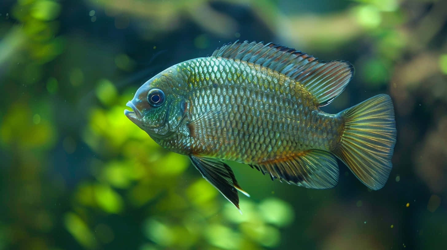  壁紙 — 一條色彩鮮豔的慈鯛魚在陽光照射的水族箱中，優雅地穿梭於茂密的綠色水生植物之間。