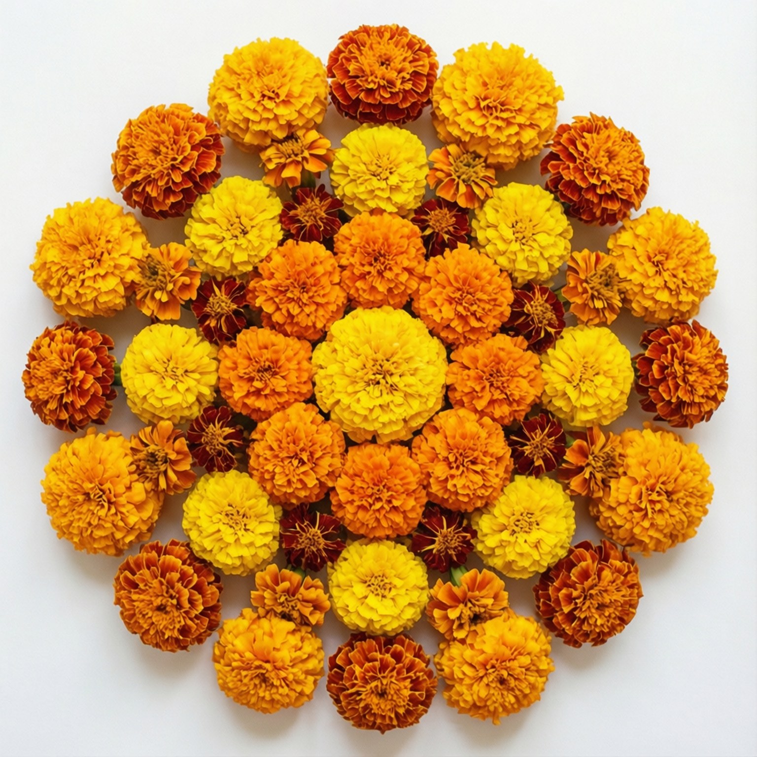 Marigold Mandala Flatlay 壁紙 — 一個充滿活力的圓形萬壽菊排列，色調包括黃色、橙色和深紅色，置於純白背景上。