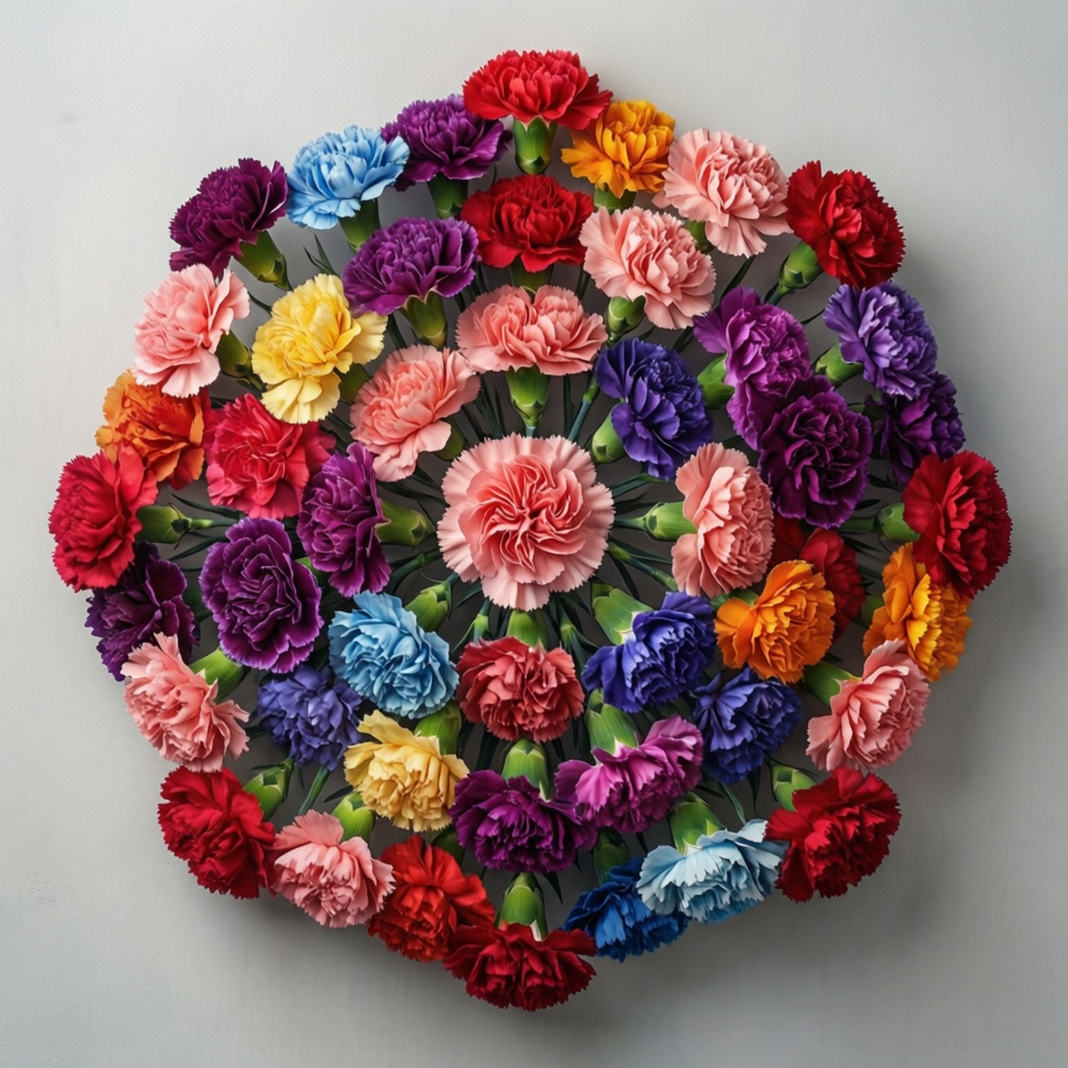Geometric Carnation Mosaic 壁紙 — 一個充滿活力的圓形排列，由多種顏色的康乃馨組成，包括紅色、粉紅色、紫色、藍色、黃色和橙色，背景是純淺灰色牆壁。