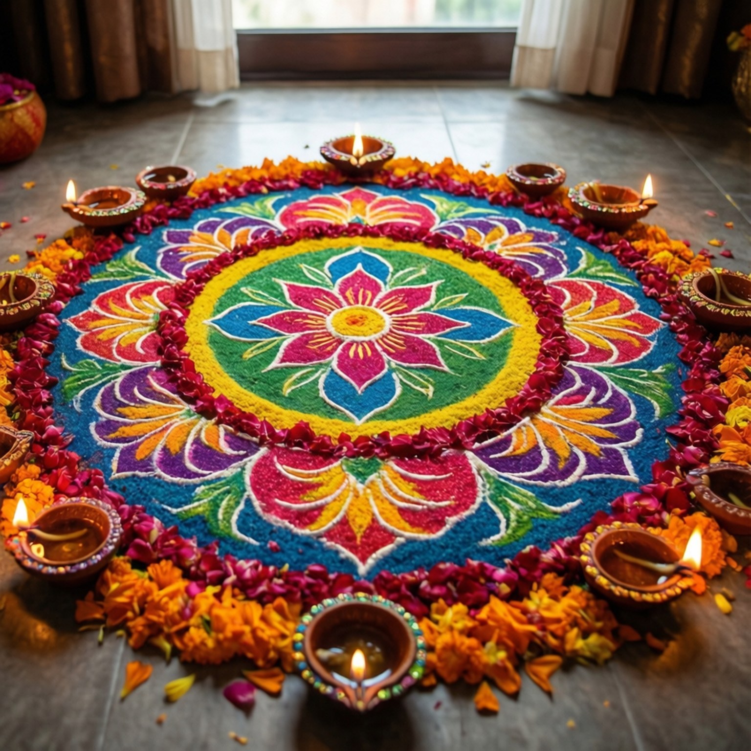 Vibrant Rangoli Art 壁紙 — 一個由彩色粉末和花瓣製成的充滿活力的圓形藍果麗，環繞著瓷磚地板上的點燃油燈。