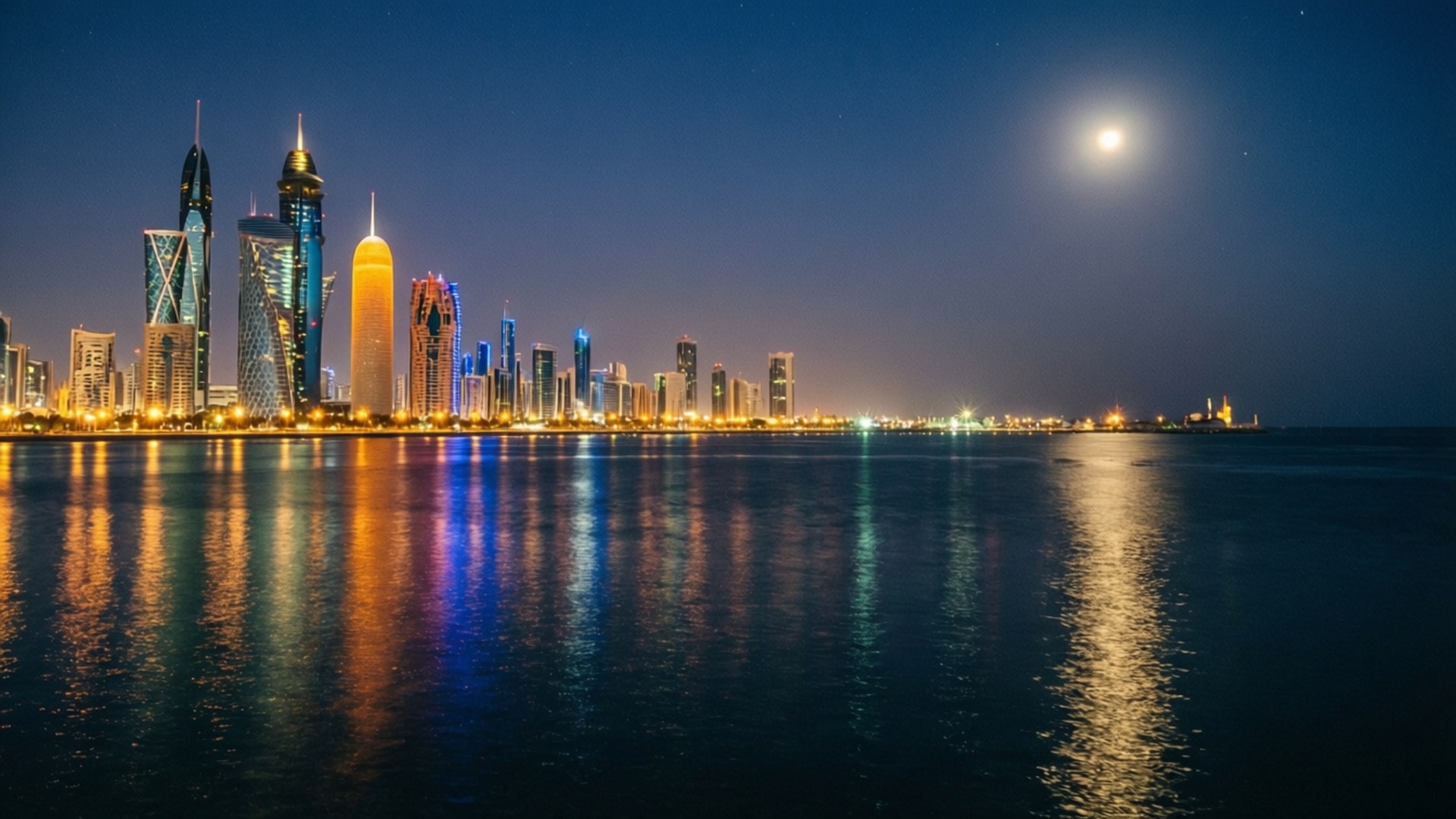 Kuwait City Night from Sea 壁紙 — 充滿活力的城市天際線夜景，色彩繽紛的摩天大樓在明亮的月光下倒映在平靜的水面上。