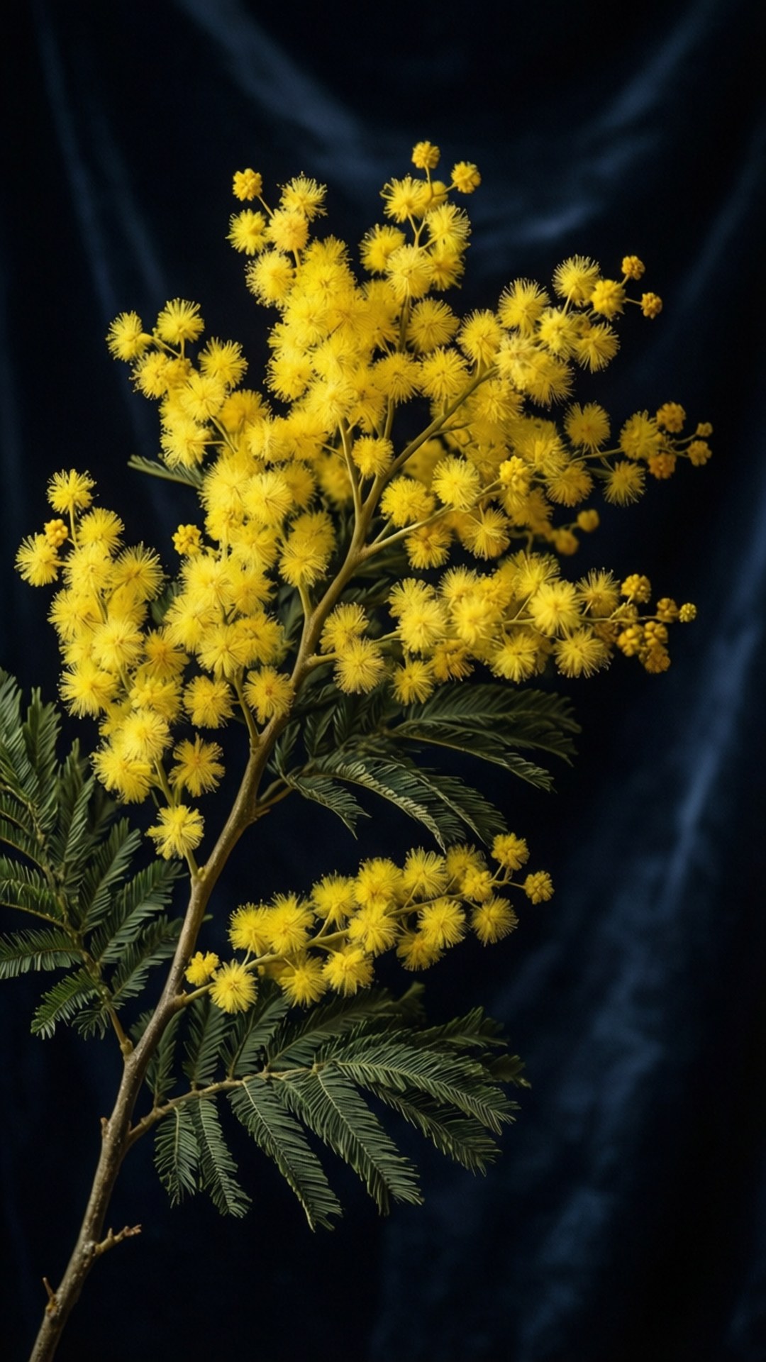 Velvet Mimosa 壁紙 — 一簇鮮豔的黃色含羞草花，帶有羽毛狀的綠葉，在深藍色天鵝絨背景下脫穎而出。