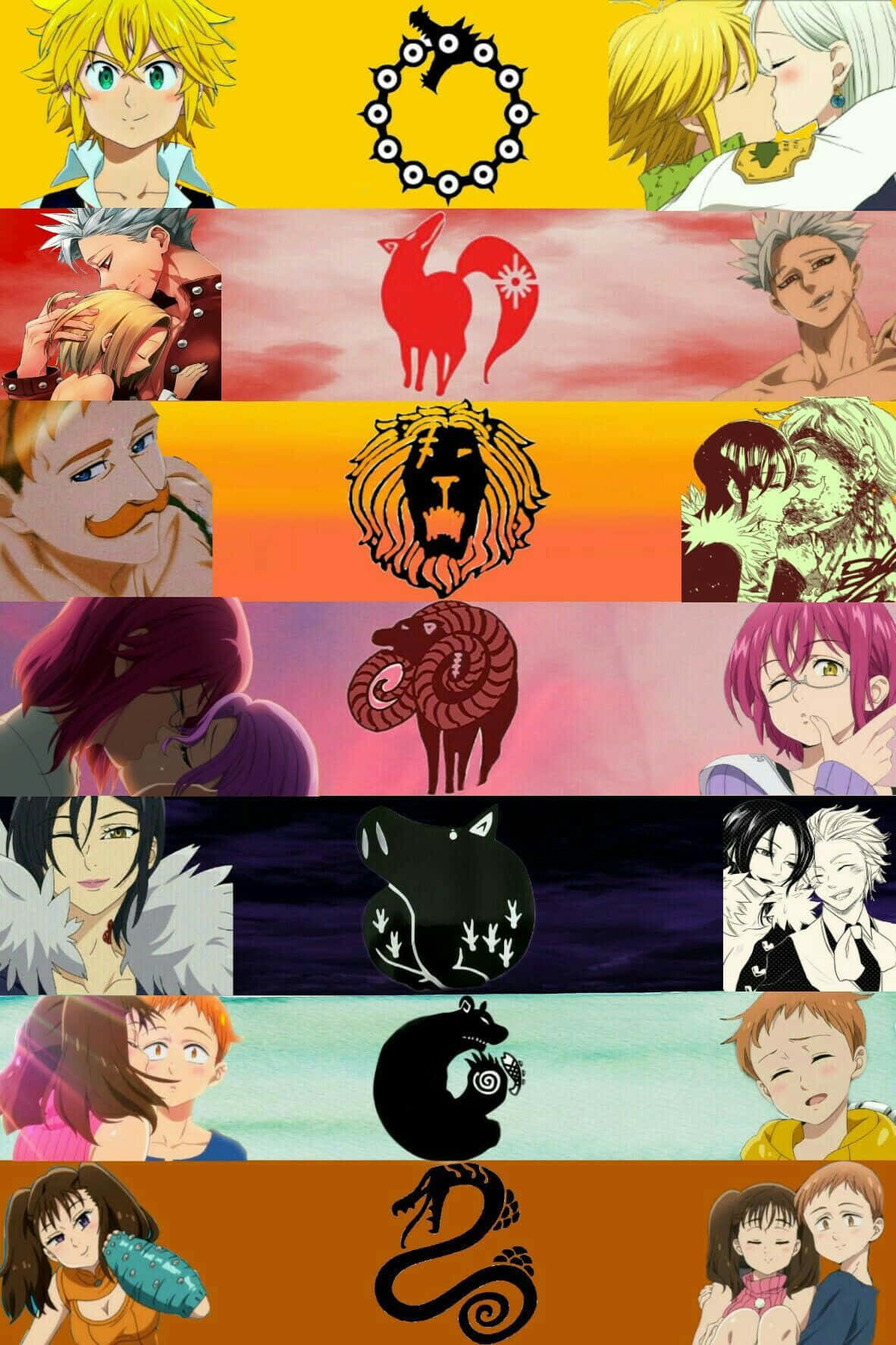 Seven Deadly Sins Diane 桌布 壁紙 — 一幅充滿活力的動漫角色與生肖動物符號拼貼畫，背景為色彩繽紛的漸變色。