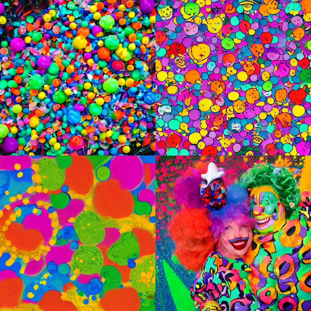  壁紙 — 色彩繽紛的球體和卡通面孔的充滿活力的拼貼畫，有兩個微笑的小丑，帶有迷幻圖案。
