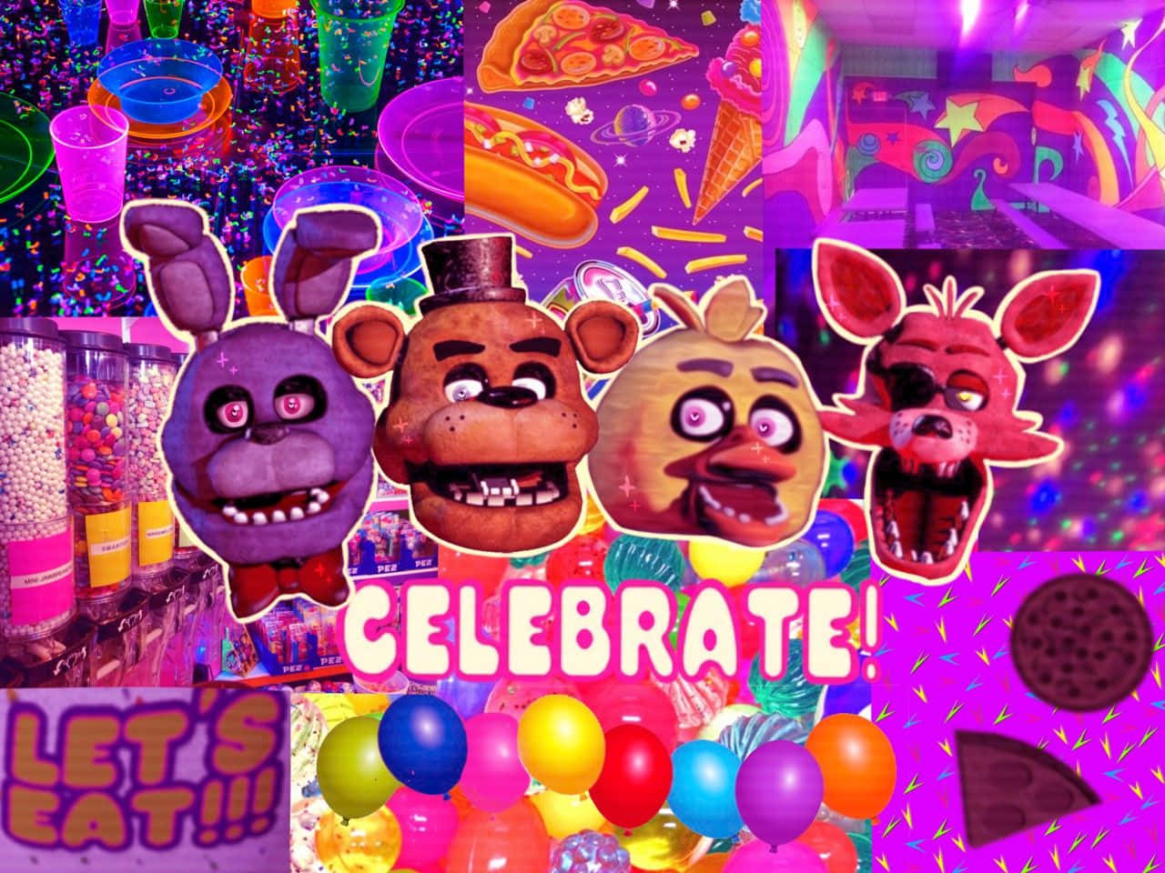  壁紙 — Five Nights at Freddy's 機械人偶的鮮豔拼貼畫，周圍環繞著糖果、氣球、披薩和霓虹派對裝飾。