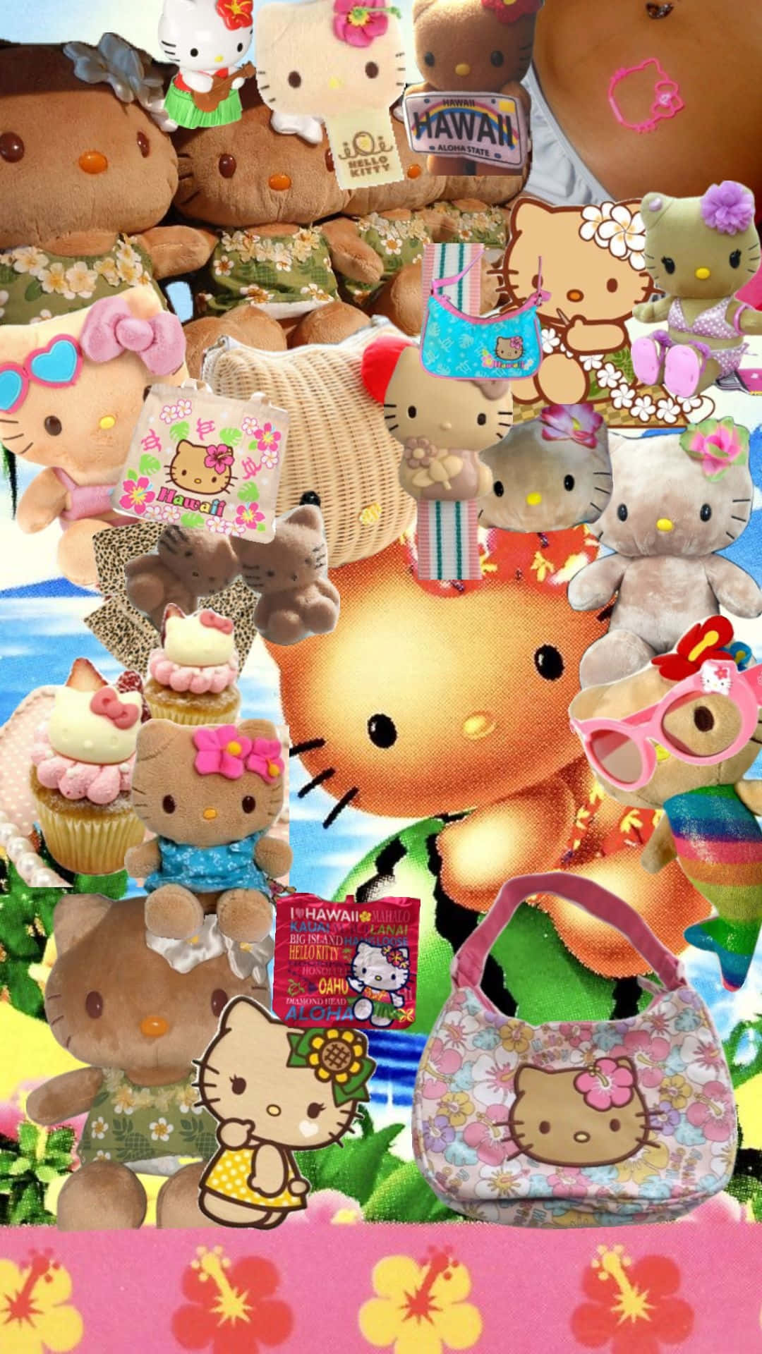  壁紙 — 一個充滿活力的拼貼畫，展示Hello Kitty絨毛玩具、配件和杯子蛋糕，以熱帶海灘為背景。