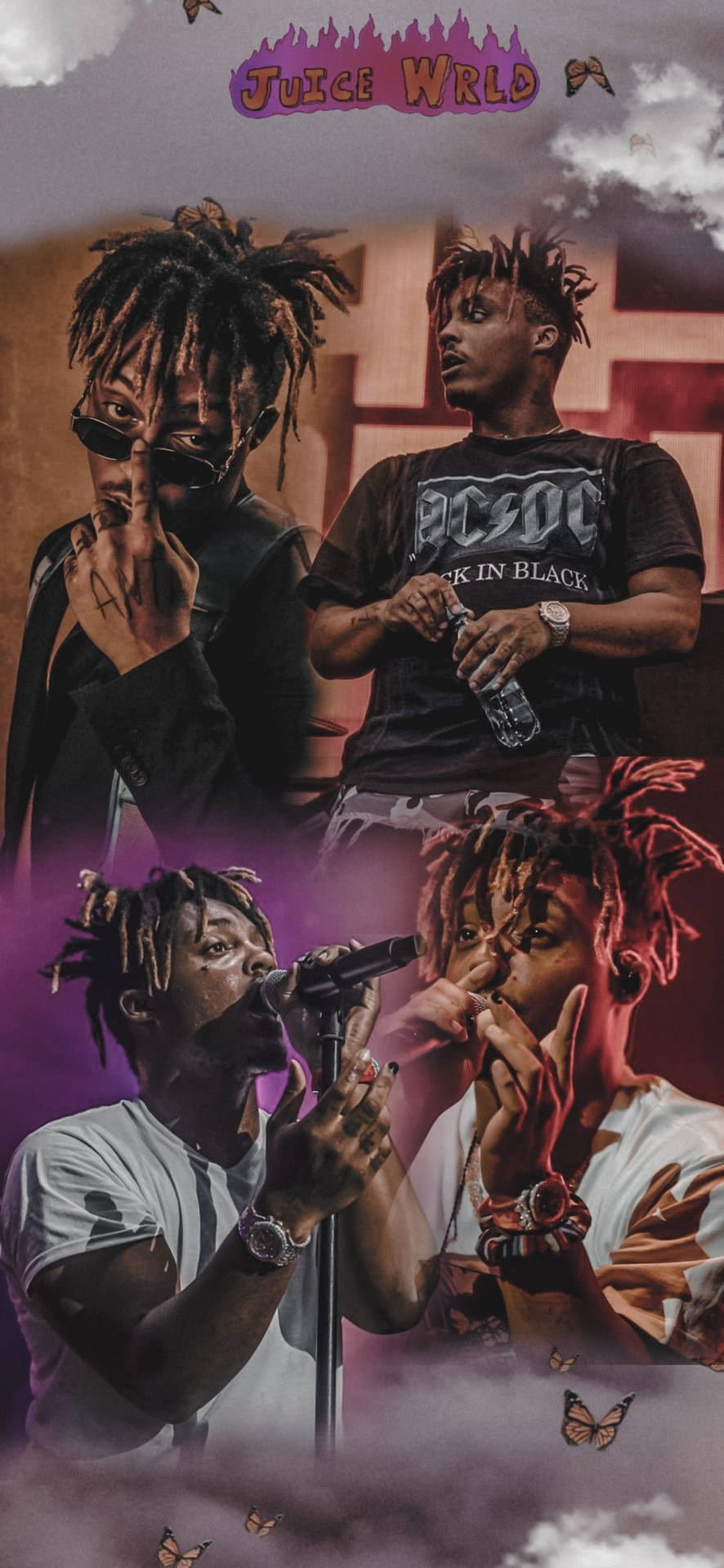 Juice WRLD在紫色天空中與蝴蝶一起表演和擺姿勢的拼貼畫。 — Xxxtentacion 壁紙