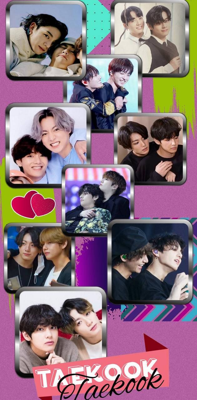 K-pop偶像拼貼畫，照片鑲框，背景色彩繽紛，帶有'TAEKOOK'文字。 — Jungkook 壁紙