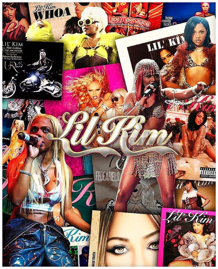 壁紙 — Lil' Kim 專輯封面和照片的鮮豔拼貼，展示大膽時尚和自信姿勢。