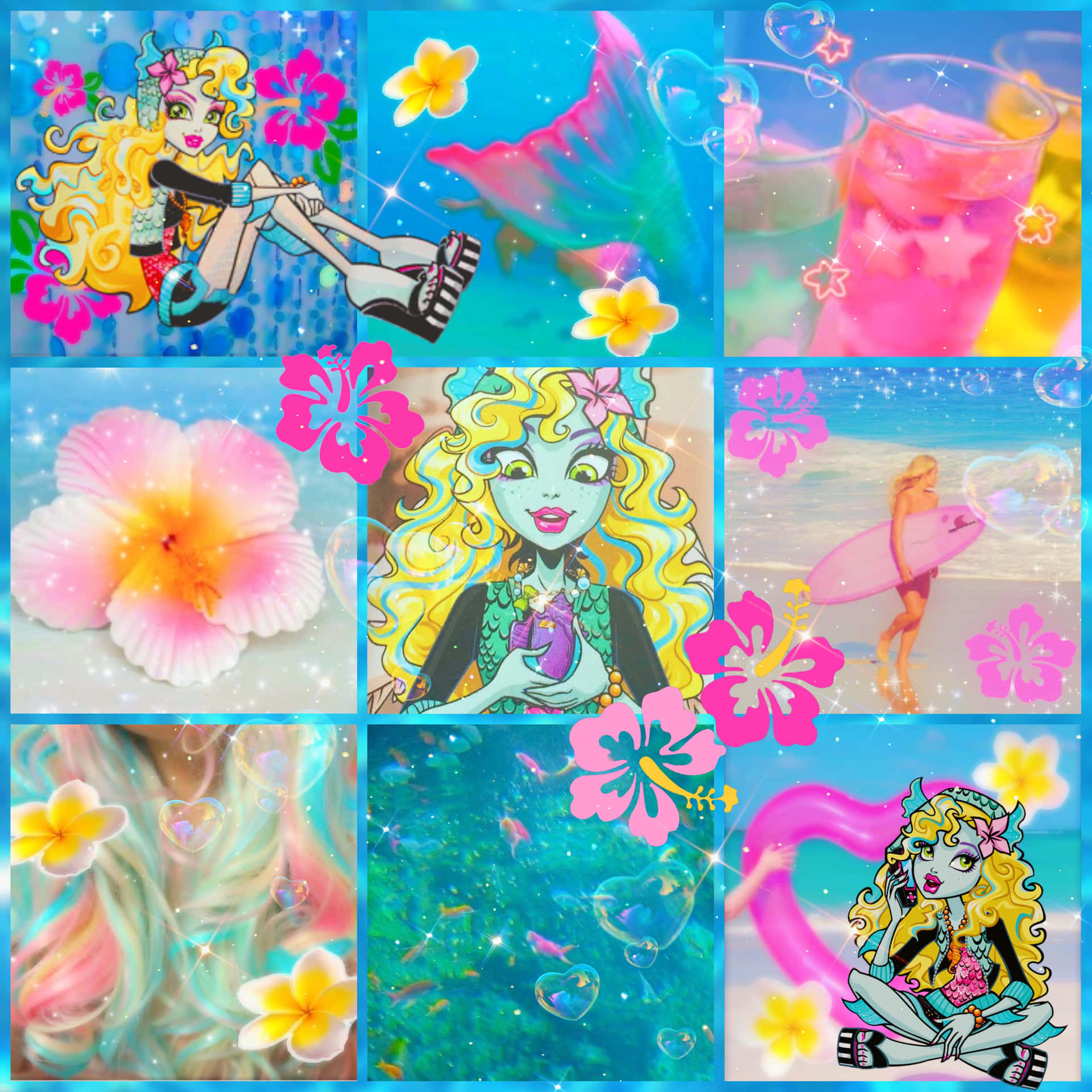  壁紙 — 充滿活力的 Monster High 角色與熱帶場景拼貼，配有粉紅色木槿花和閃閃發光的氣泡。