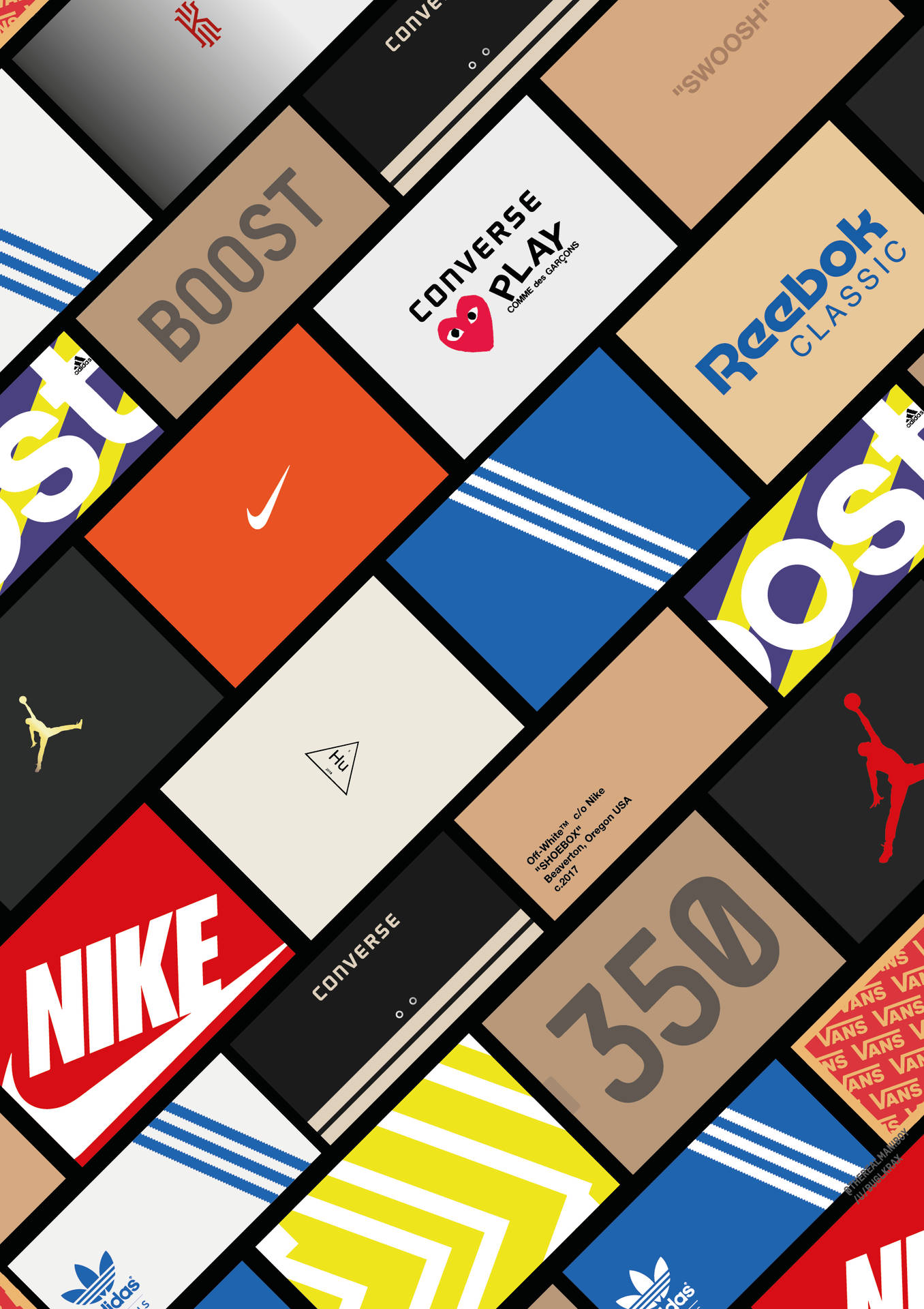 運動鞋品牌標誌和型號的圖形拼貼畫，色彩大膽。 — Jordan Logo 壁紙