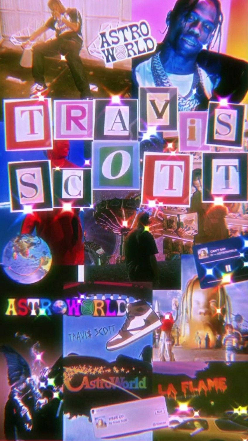崔維斯·史考特 桌布 壁紙 — Travis Scott AstroWorld 巡迴演唱會的鮮明拼貼畫，帶有發光字母、霓虹燈和超現實場景。