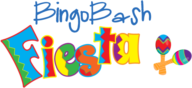 賓果 桌布 壁紙 — Bingo Bash Fiesta 的鮮豔多彩標誌，以俏皮字體和沙鈴為特色，背景為黑色。
