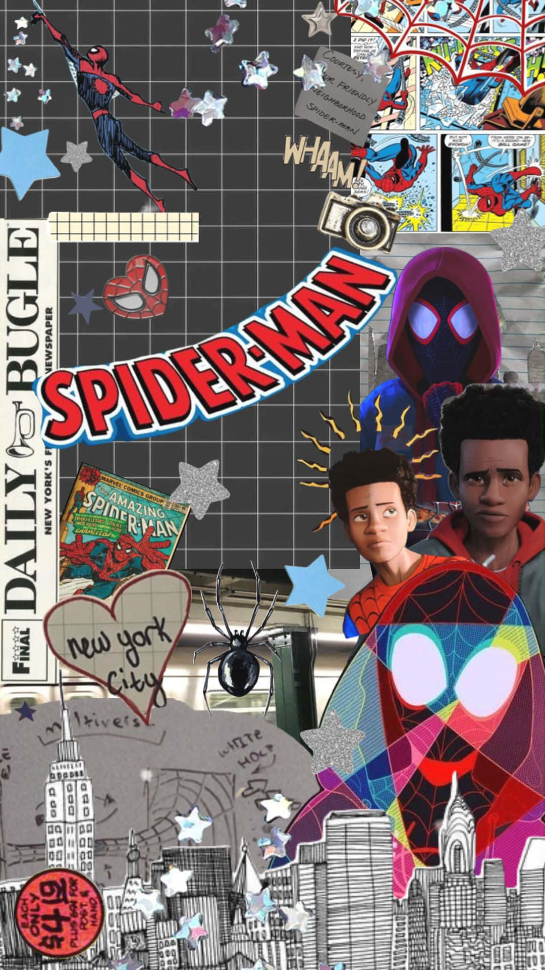 Daily Bugle 桌布 壁紙 — 一幅充滿活力的漫畫拼貼畫，以蜘蛛人角色和紐約市天際線塗鴉為特色，背景為網格。
