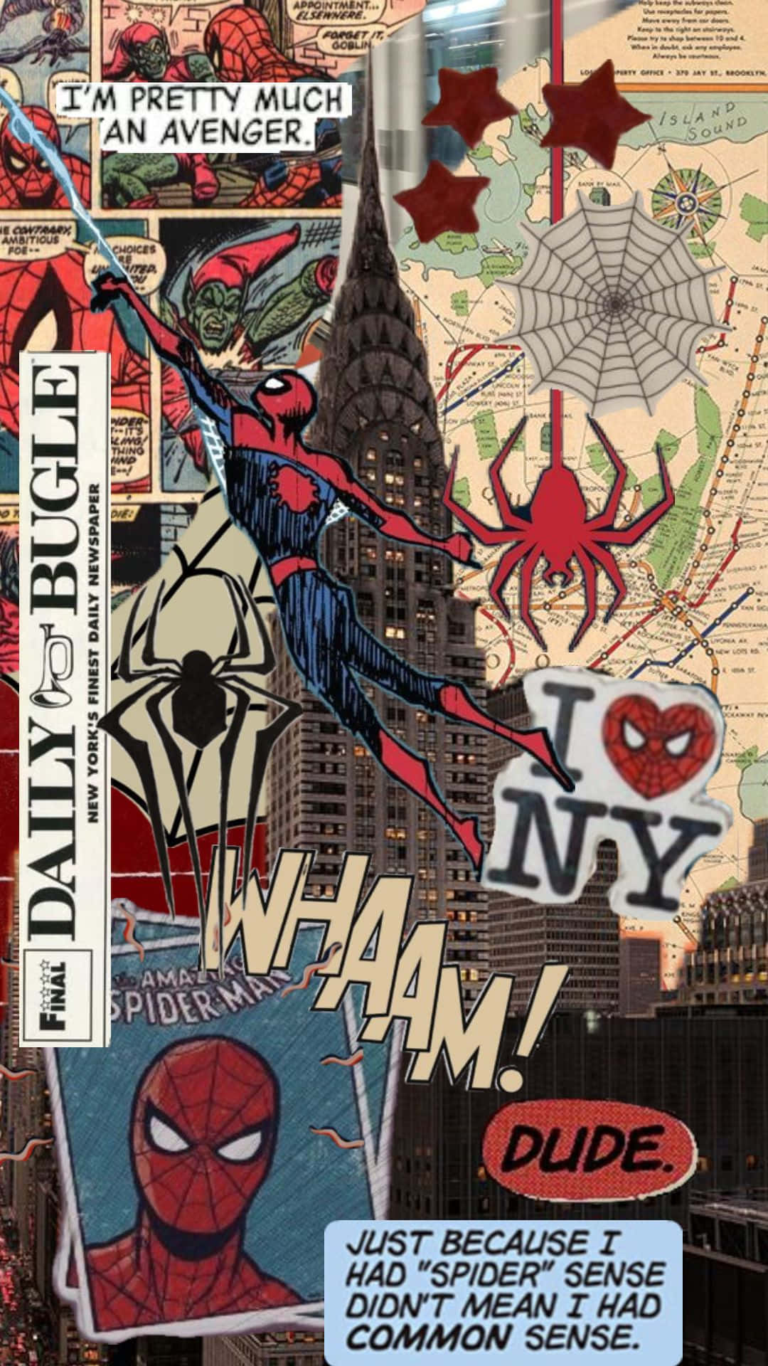 Daily Bugle 桌布 壁紙 — 一幅充滿活力的漫畫拼貼畫，蜘蛛人在紐約天際線上盪來盪去，帶有標誌性地標和粗體文字疊加。