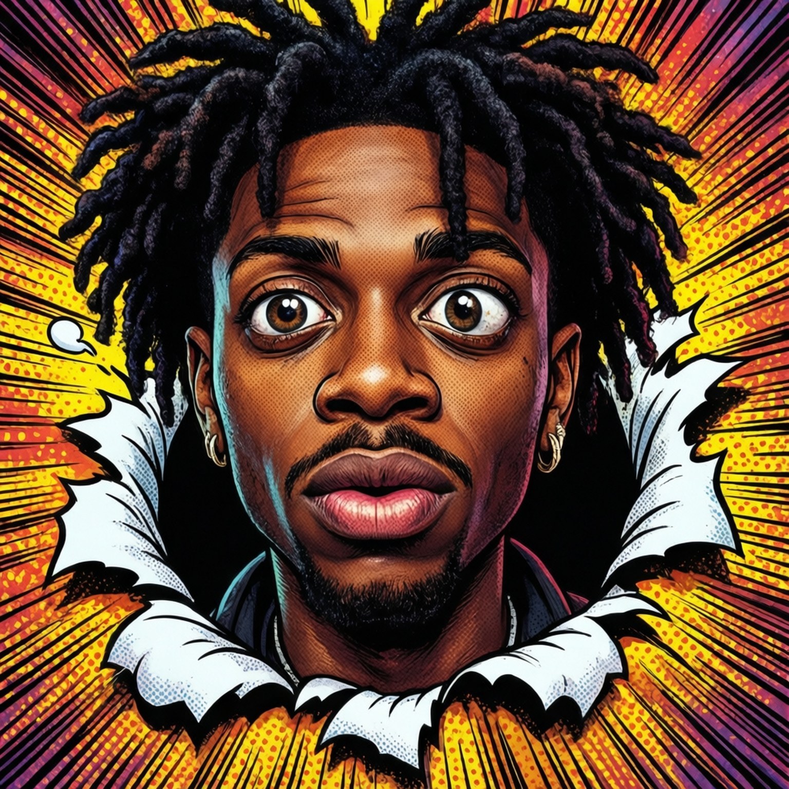 Cartoon Trippie 壁紙 — 一幅充滿活力的漫畫風格肖像，描繪一名留著辮子、睜大眼睛的男子，從動態的黃色和紫色背景中迸發出來。