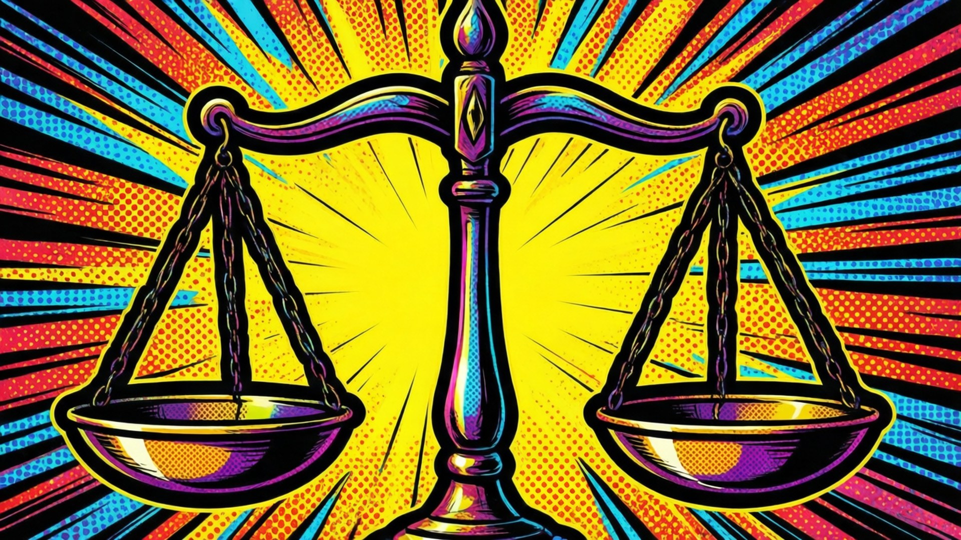 Pop Art Libra Comic 壁紙 — 充滿活力的漫畫風格正義天秤，在網點背景上散發出大膽的黃橙色和藍色色調。