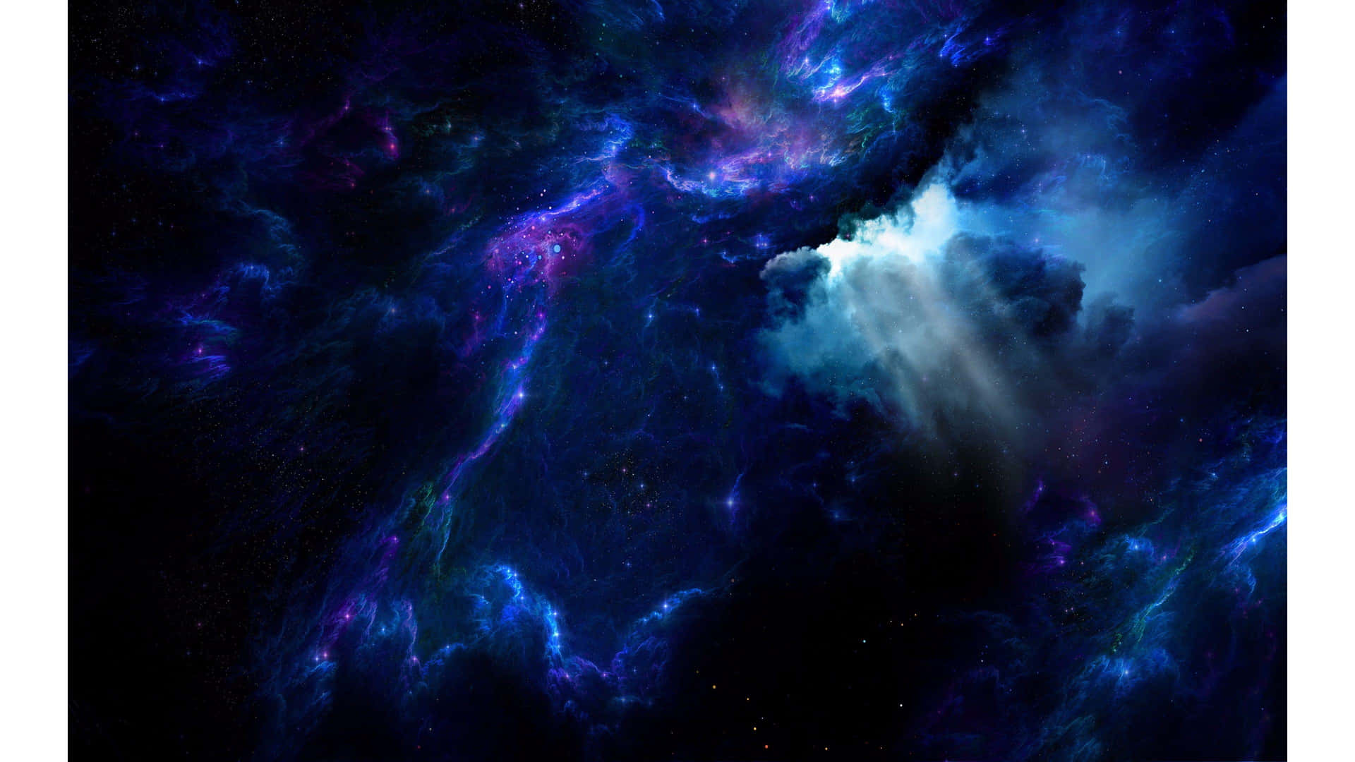  壁紙 — 充滿活力的宇宙星雲在深藍、紫和白中旋轉，背景是繁星點點的虛空，帶有發光的宇宙塵埃。