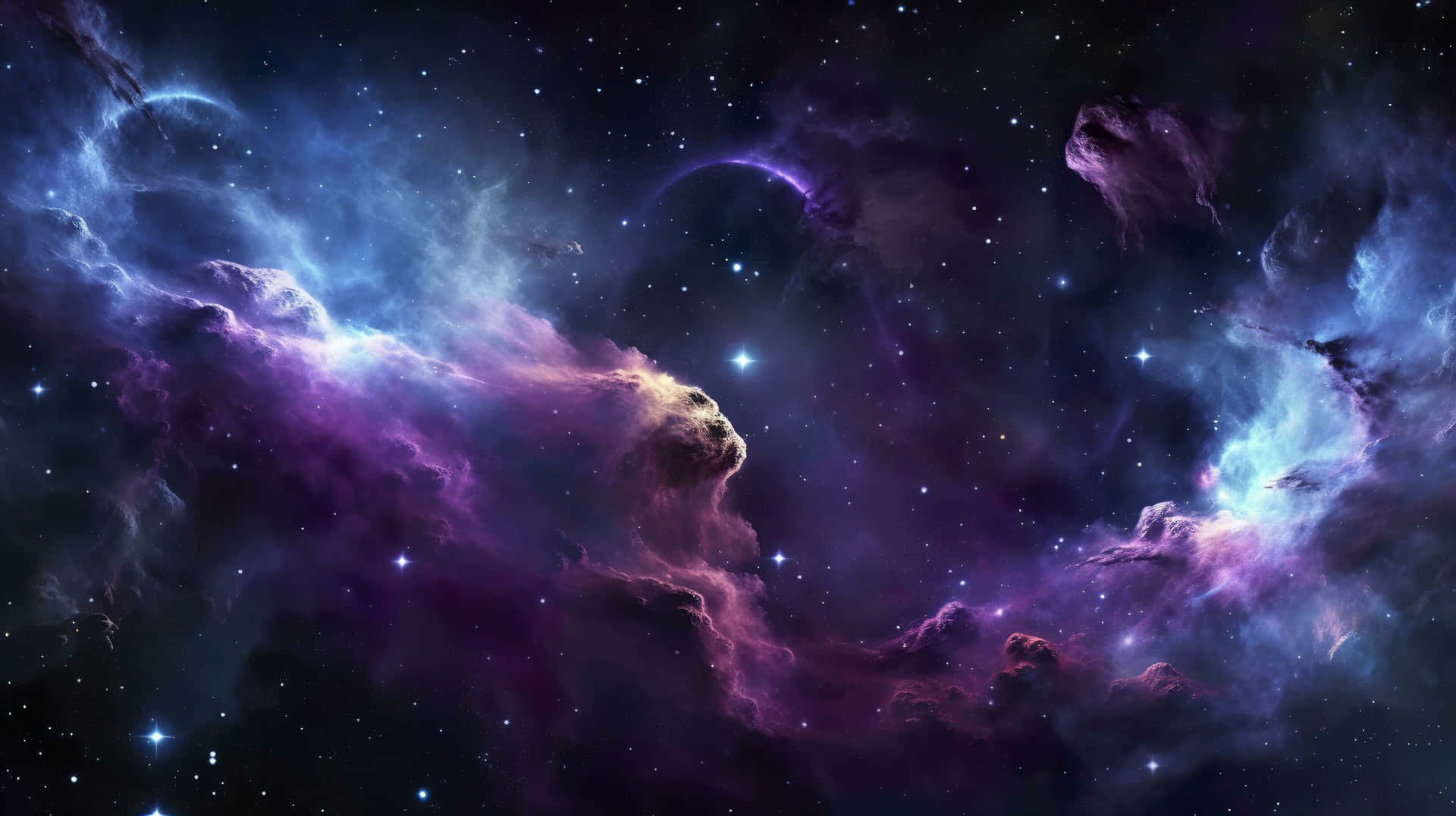  壁紙 — 充滿活力的宇宙星雲以深紫色、藍色和粉紅色在星空背景下旋轉。