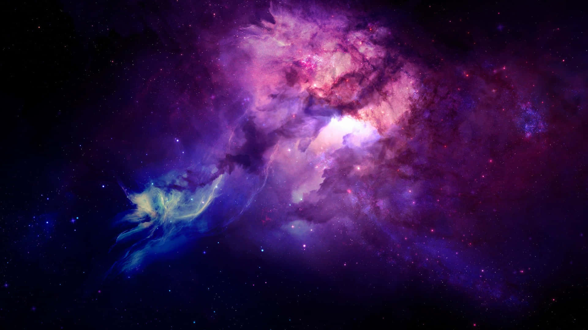  壁紙 — 一個充滿活力的宇宙星雲在星空背景下以深紫色、藍色和粉紅色漩渦。