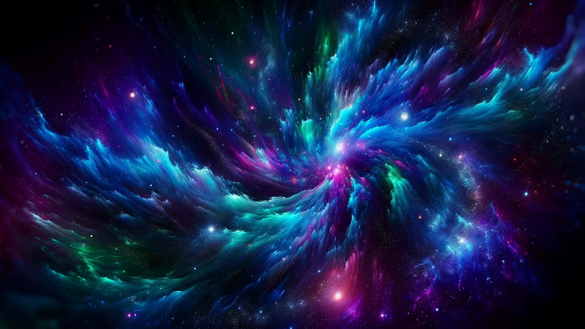  壁紙 — 充滿活力的宇宙星雲在繁星點點的虛空中以電光藍、紫和綠色旋轉。