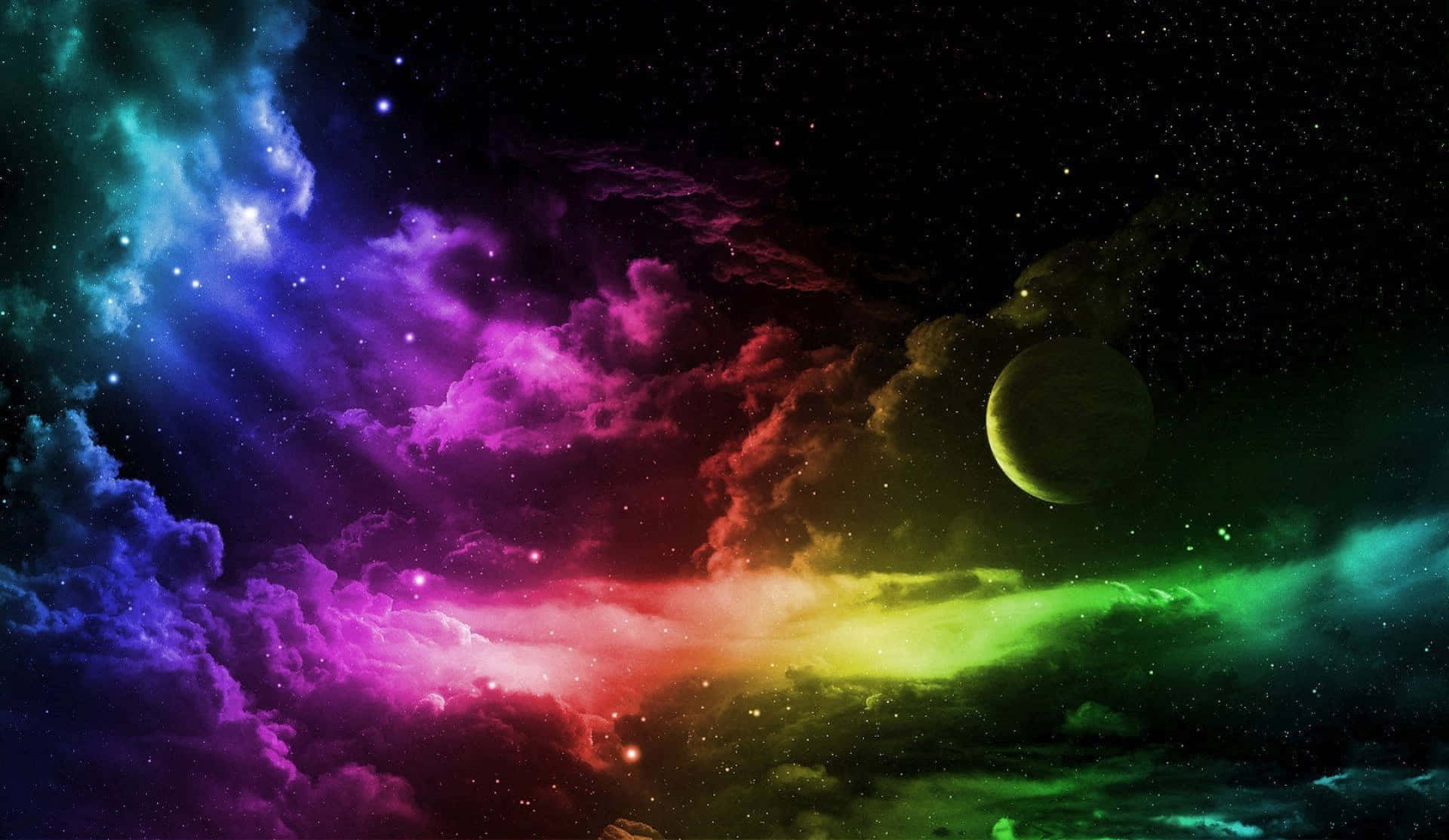  壁紙 — 充滿活力的宇宙星雲在電光色調中旋轉，穿越繁星點點的虛空，附近有一顆發光的行星。