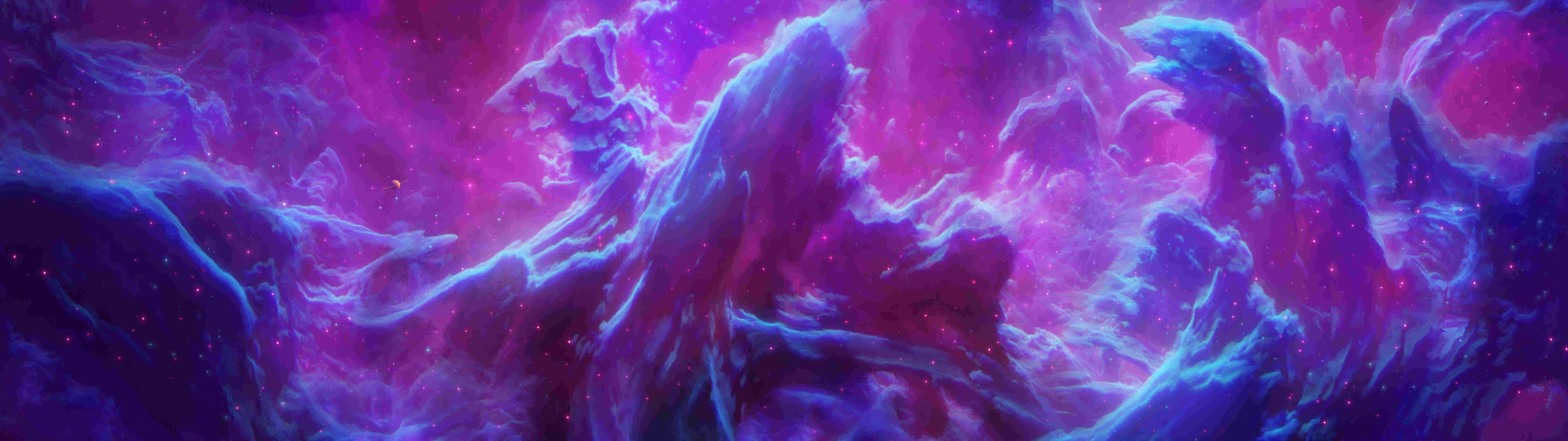  壁紙 — 充滿活力的宇宙星雲以電光紫和藍色旋轉，在廣闊的星際空間中散佈著發光的星點。