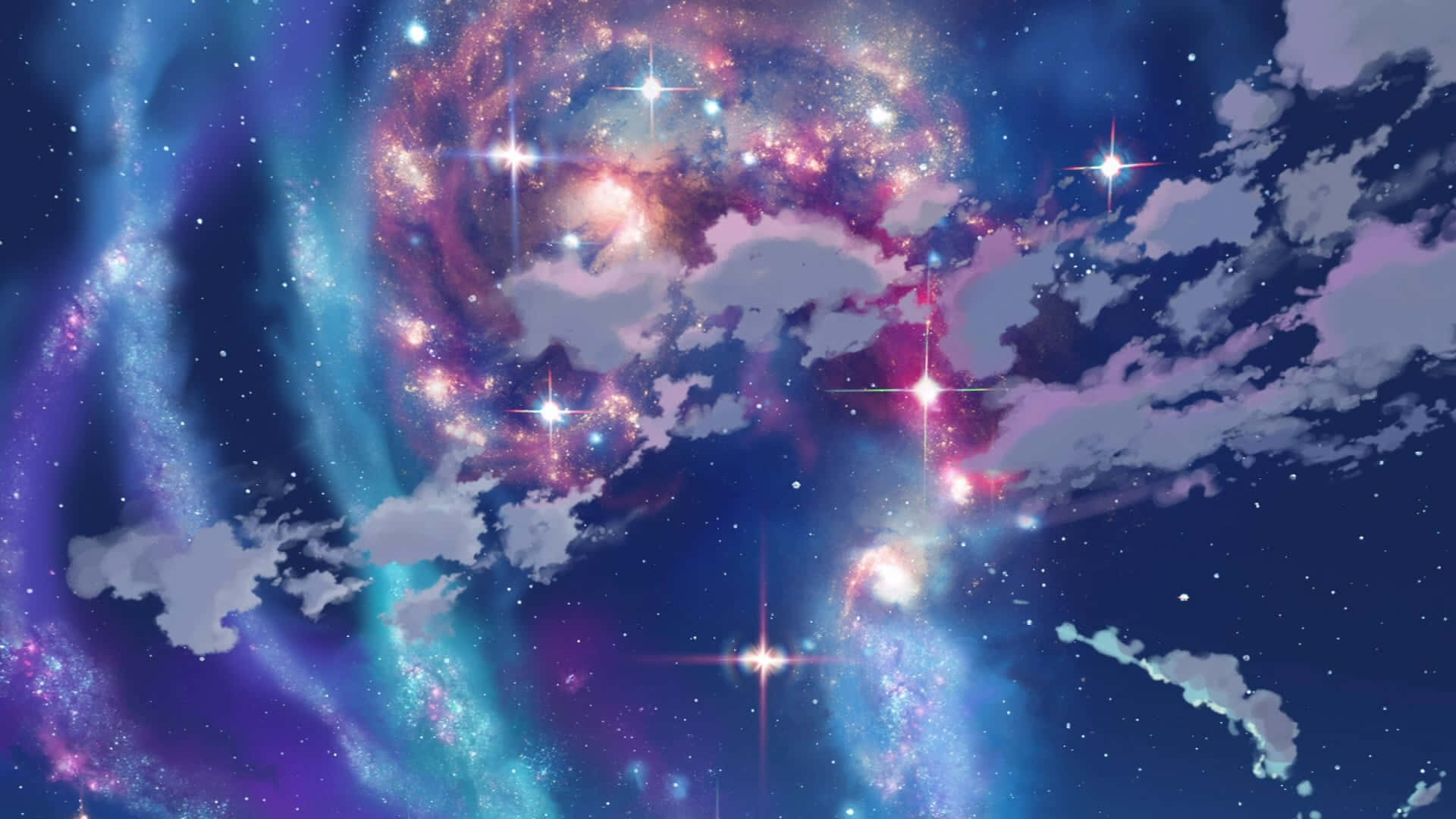 壁紙 — 充滿活力的宇宙星雲在星空中旋轉，伴隨著發光的雲朵和閃爍的星星。