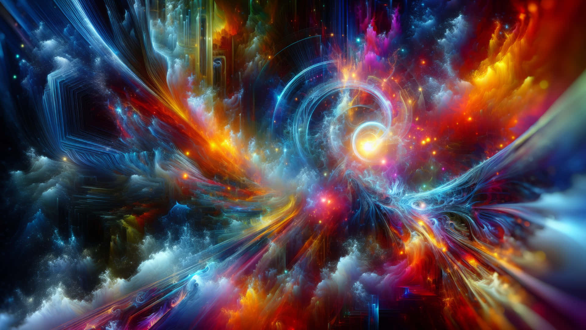  壁紙 — 充滿活力的宇宙星雲，以電光藍、紅和金色圍繞發光的中心漩渦旋轉。