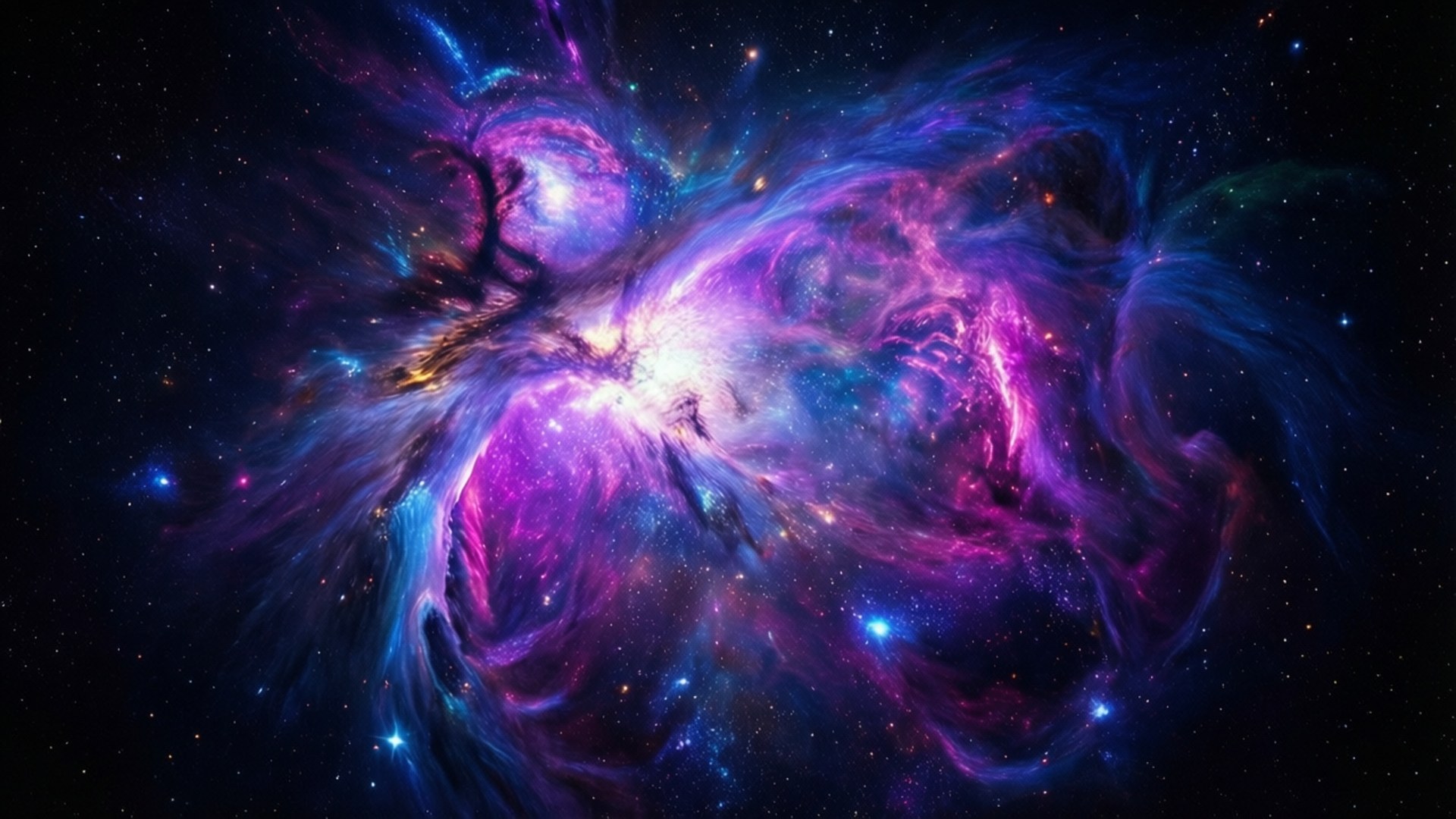在深空中閃耀著星星的充滿活力的紫色、藍色和粉紅色星雲 — Amoled 壁紙