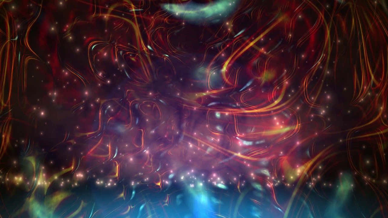  壁紙 — 充滿活力的宇宙星雲在星空背景下旋轉著發光的紅橙色和藍色觸手。