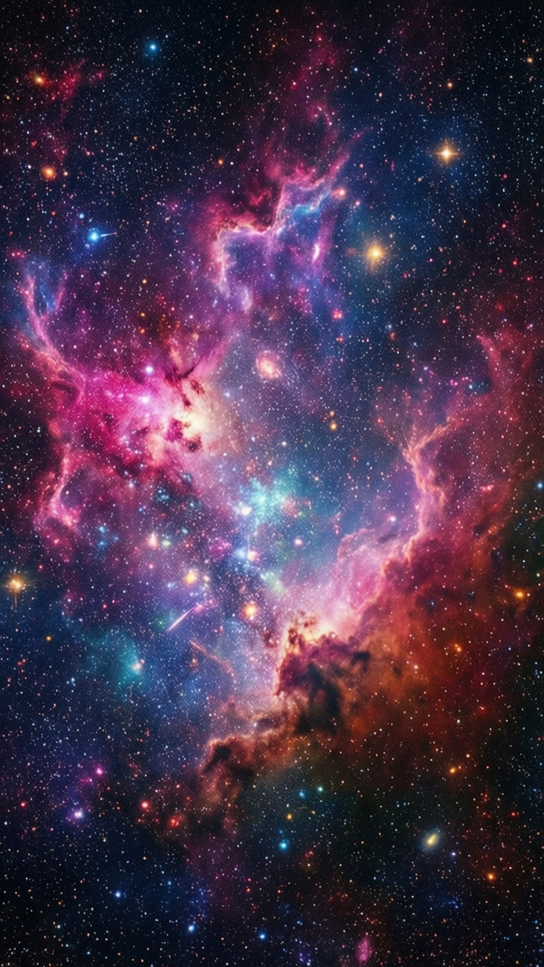 Cosmic Nebula Glow 壁紙 — 一個充滿活力的宇宙星雲在黑暗虛空中旋轉，粉紅色、紫色和藍色的氣體被發光的星星照亮。