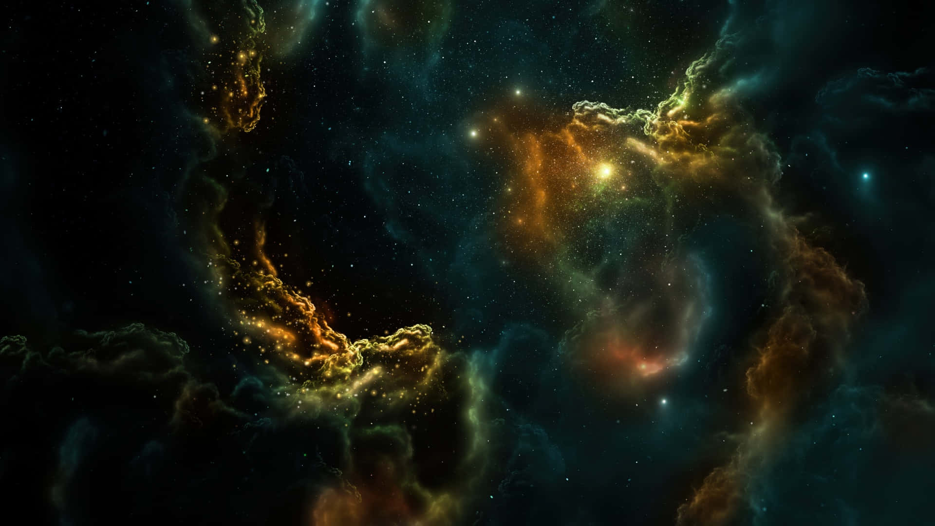  壁紙 — 充滿活力的宇宙星雲，發光的橙色和藍綠色雲團在深空星場中旋轉。