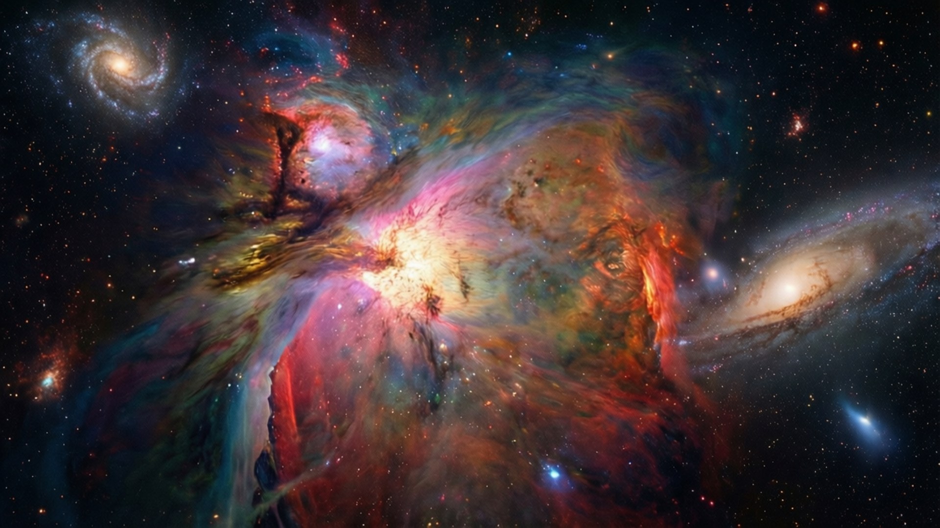 Nebula Galaxy Wide 壁紙 — 一個充滿活力的宇宙星雲，旋轉的紅色、紫色和藍色光芒，以遙遠的星系和恆星為背景，散發出光芒。