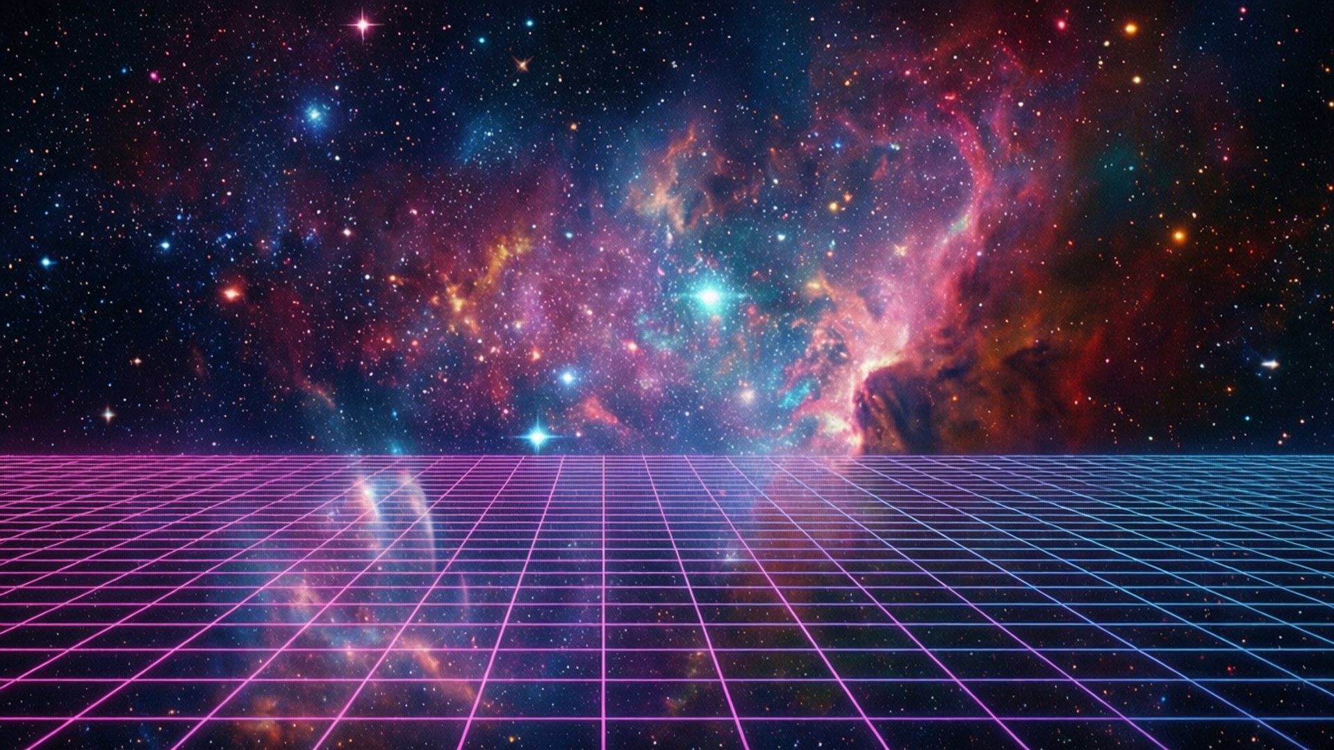 在復古未來主義的太空場景中，色彩繽紛的星雲下方是發光的網格地板。