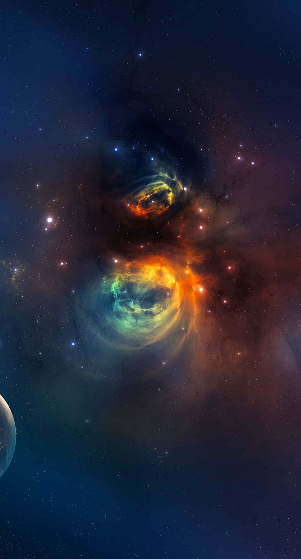 深空中色彩繽紛的星雲和星星，左側有一顆行星 — 宇宙 壁紙