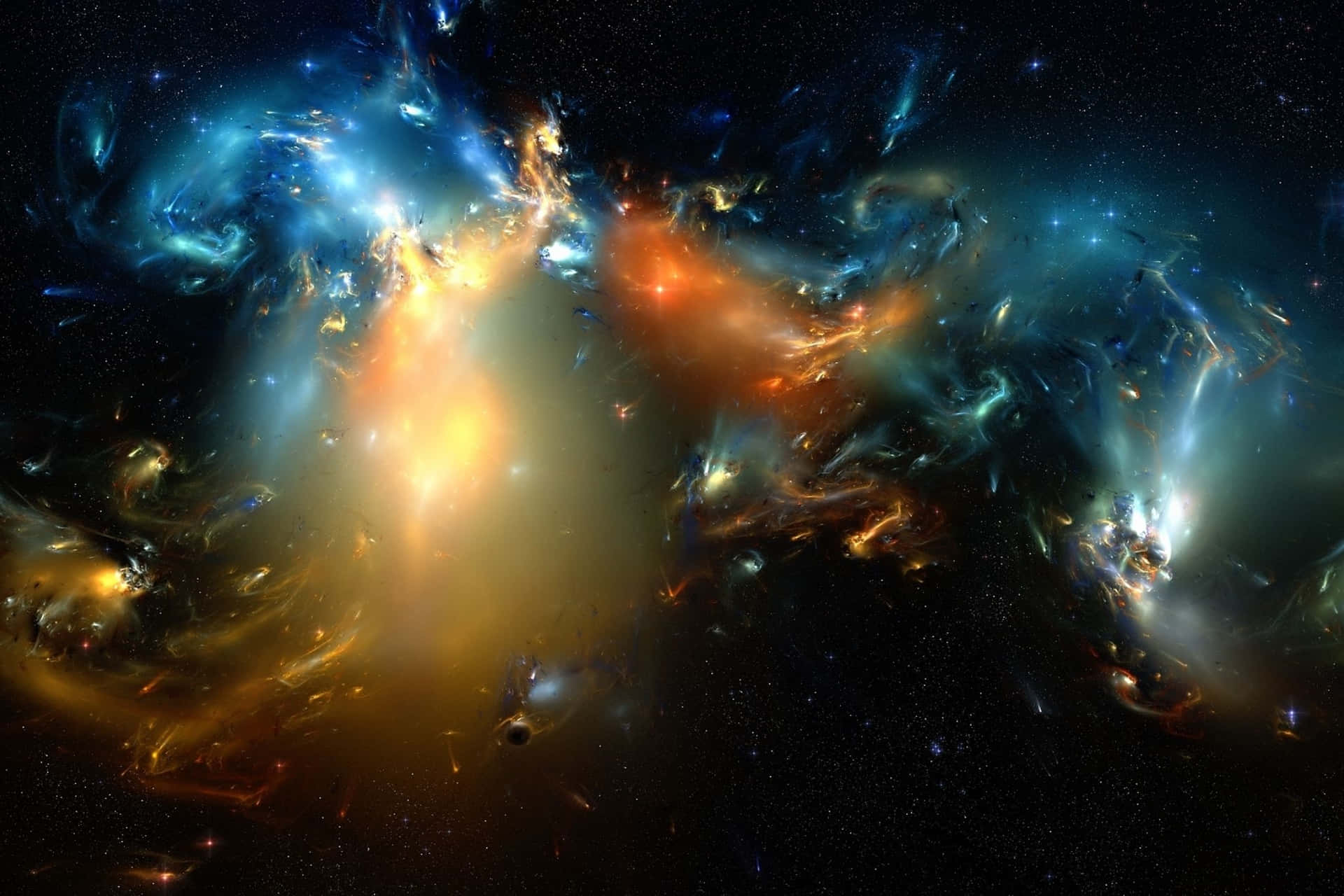  壁紙 — 充滿活力的宇宙星雲在佈滿星辰的虛空中以火熱的橙色和電光藍色旋轉。